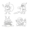 Set of Santa Claus. Merry Christmas and Happy New Year. Black and white illustration for coloring book